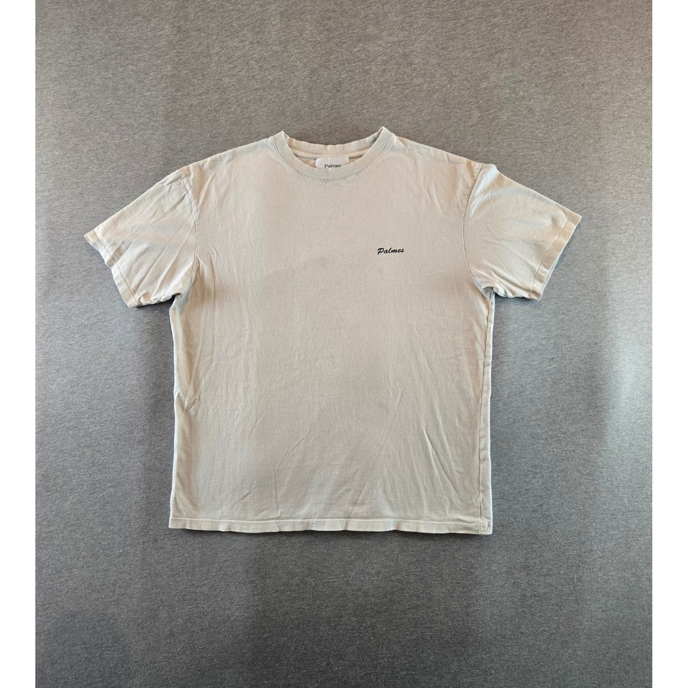 Palmes Dyed T-Shirt Mens Medium Beige Script Logo Boxy Fit Portugal Minimalist